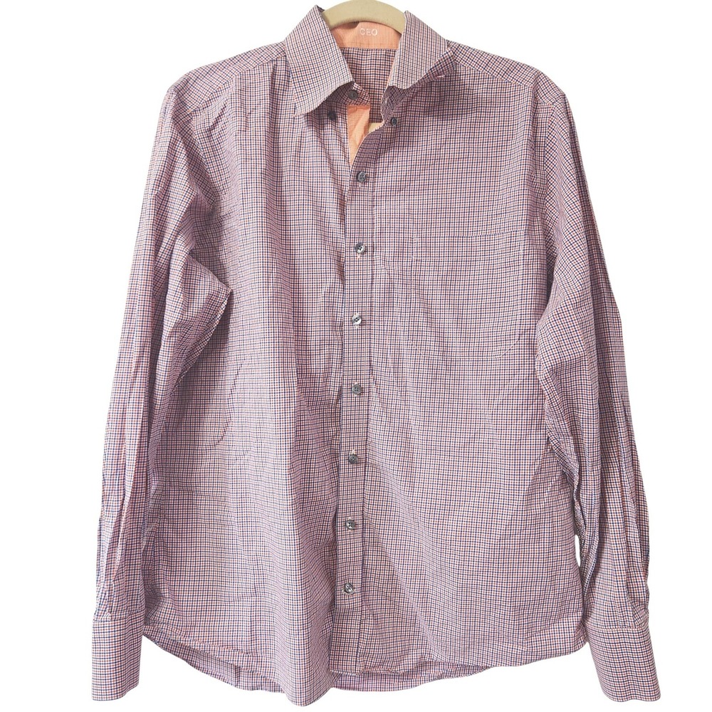 J. Hilburn CEO 100% Cotton Gingham Long Sleeve Dress Shirt Italy Mens Large